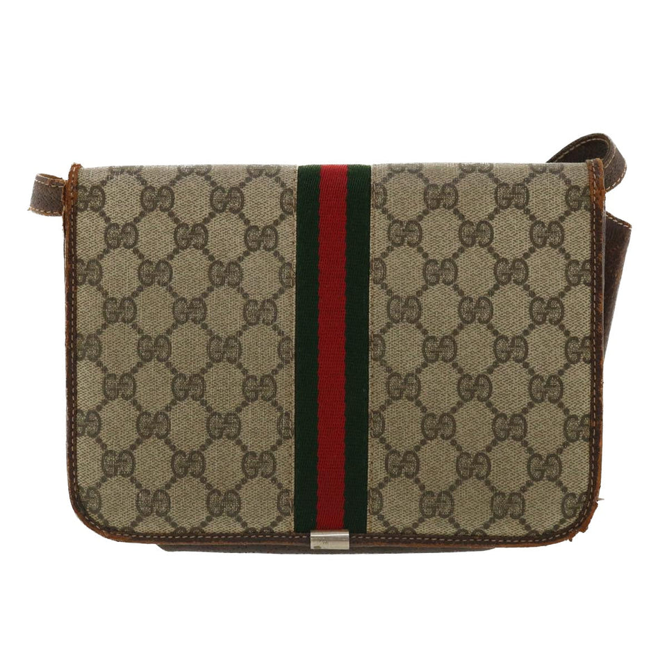 Gucci Web Sherry Line GG Canvas Shoulder Bag PVC Leather Beige Green rd3964