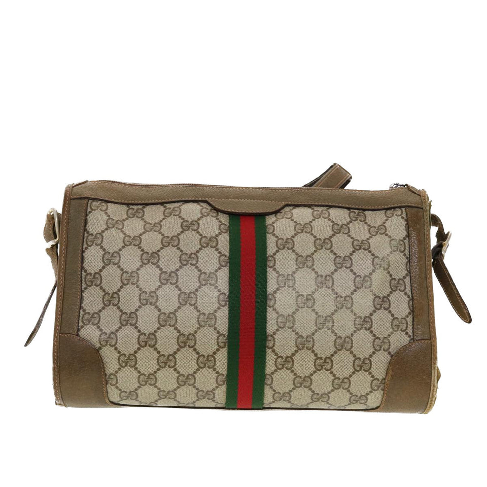 Gucci GG Canvas Web Sherry Line Shoulder Bag PVC Leather Beige Green rd5263