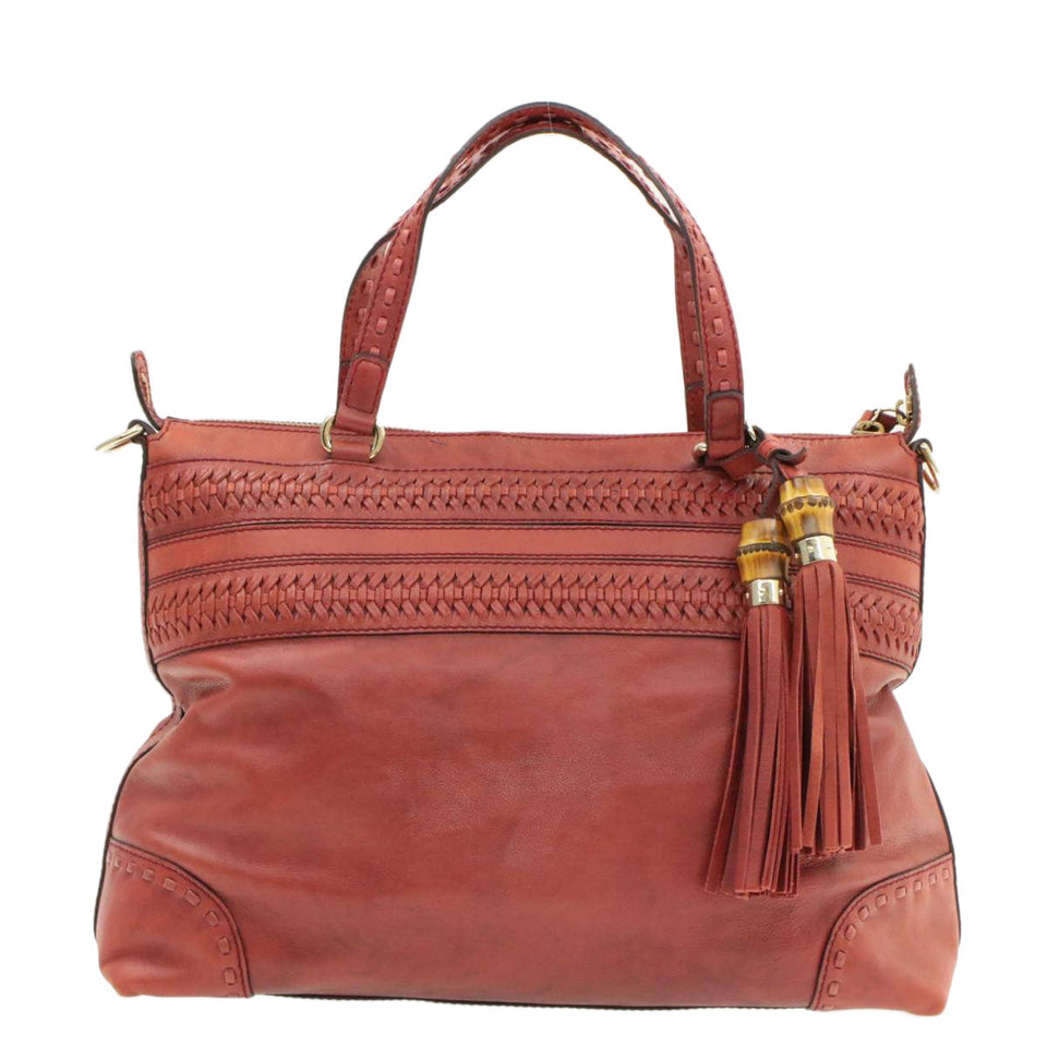 Gucci Green Carpet Challenge Fringe Bamboo Tote Bag Leather 2way Red rd707