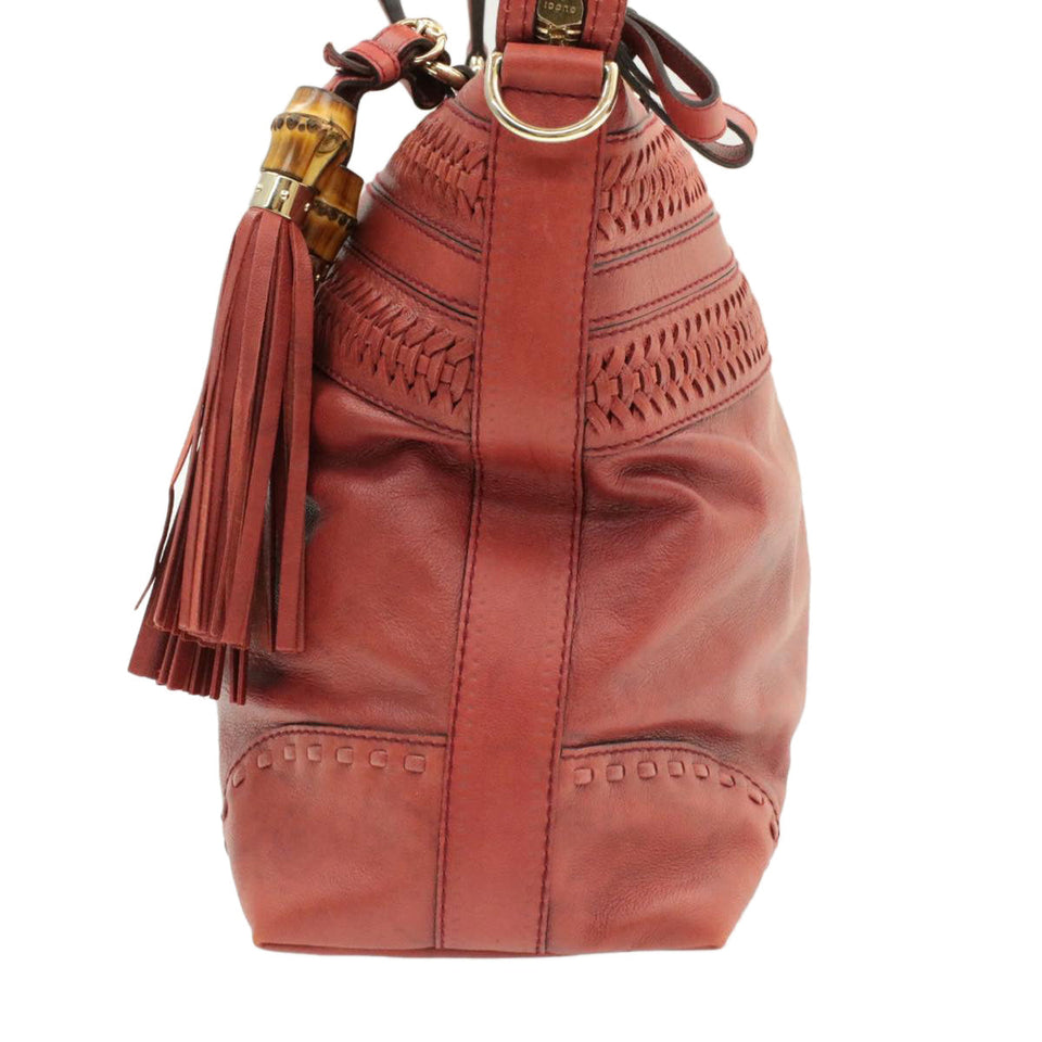 Gucci Green Carpet Challenge Fringe Bamboo Tote Bag Leather 2way Red rd707
