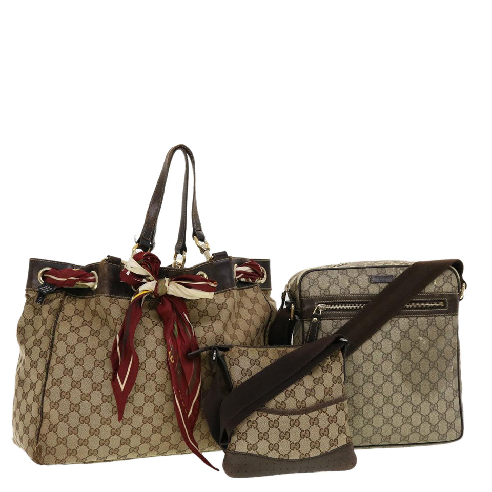 Gucci GG Canvas Shoulder Bag PVC Leather 3Set Beige tb650