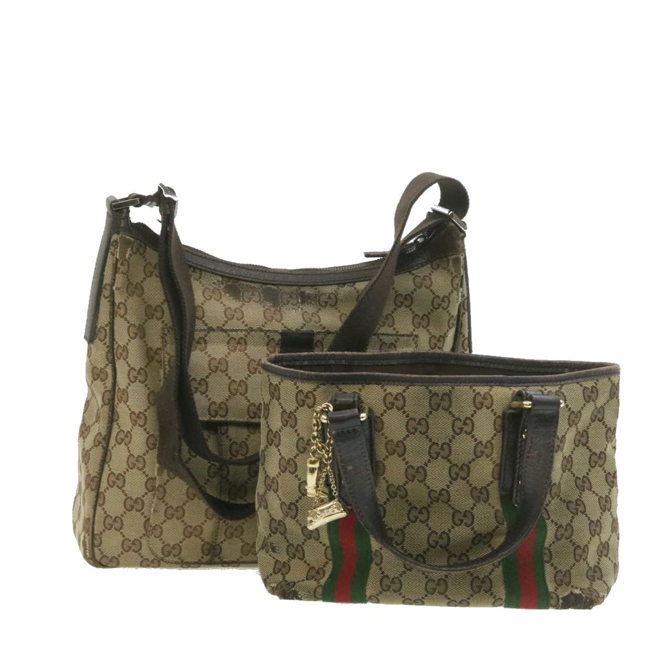 Gucci Web Sherry Line GG Canvas Hand Shoulder Bag 2Set Beige th1038