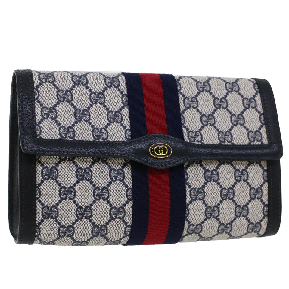 Gucci GG Canvas Sherry Line Clutch Bag PVC Leather Gray Red Navy th3692