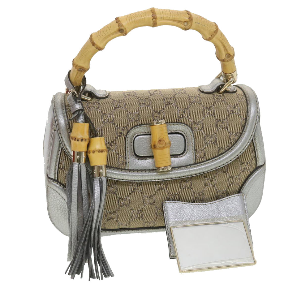 Gucci GG Canvas Bamboo Hand Bag Beige Silver 254884 yk6106