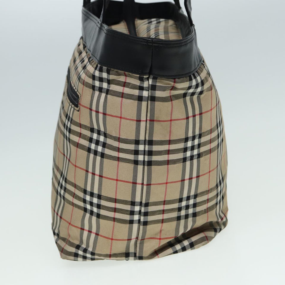 Luxury Burberry Nova Check Tote Bag Nylon Beige Black Auth ti1868