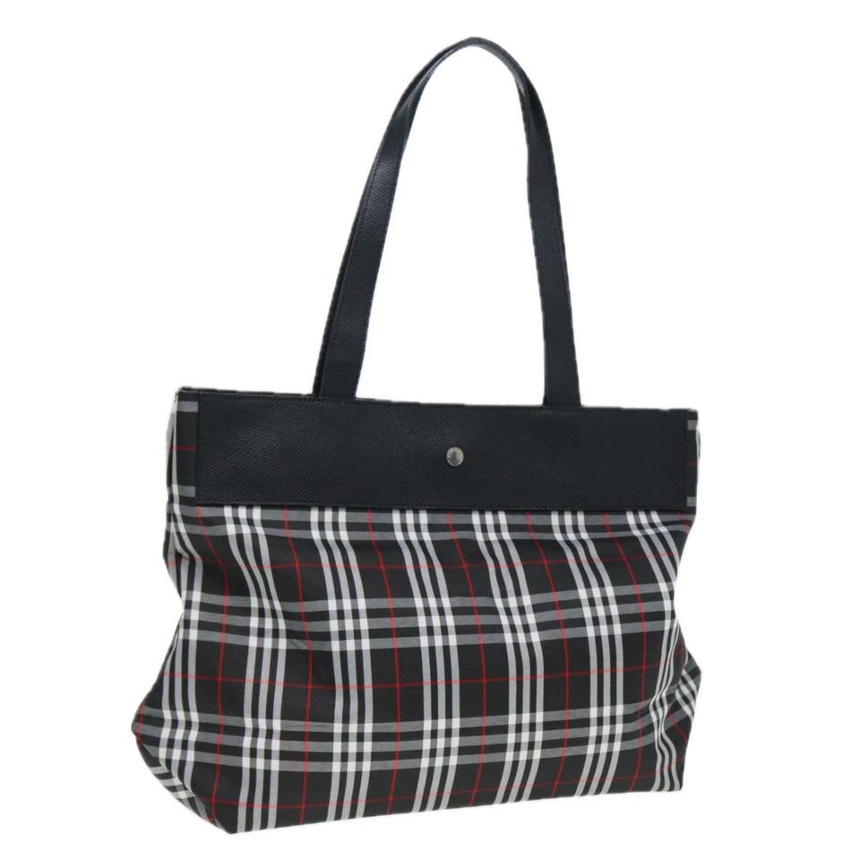 Luxury Burberry Nova Check Tote Bag Nylon Black Silver Auth ti1963