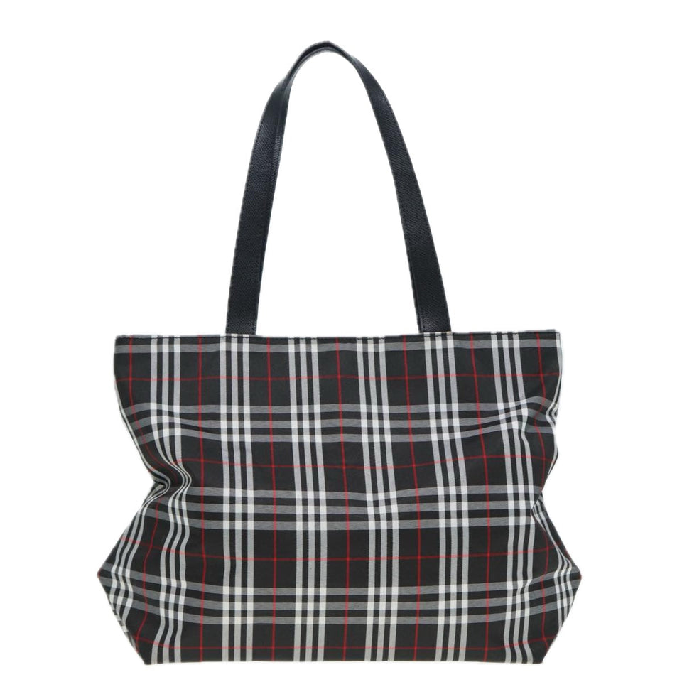Luxury Burberry Nova Check Tote Bag Nylon Black Silver Auth ti1963