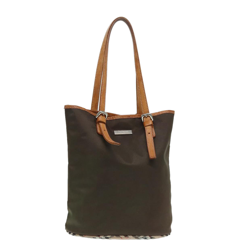 Luxury BurberrySs Nova Check Blue Label Tote Bag Nylon Beige Brown Silver Auth ti2015