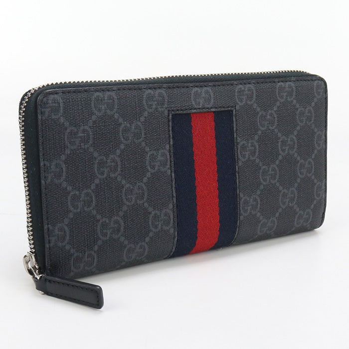 Gucci 408831 Long Wallet GG Supreme New Web Zipper Wallet PVC coated canvas, leather Dark Gray mens