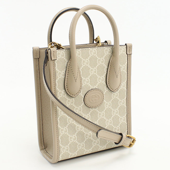 Gucci 671623 Tote Bag Interlocking G 2WAY Mini Tote Bag GG Supreme Canvas,leather beige Women