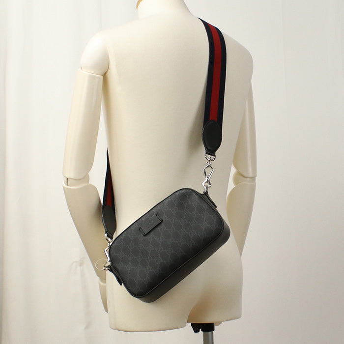 Gucci 574886 Shoulder Bag GG Supreme Web Line Pochette PVC, leather black mens
