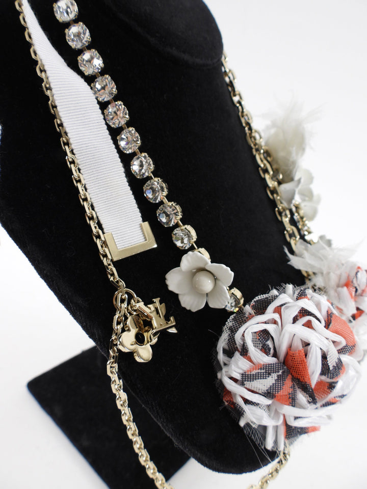 Louis Vuitton Vintage Fall 2005 Red and White Chain Crystal Flower Ribbon Necklace