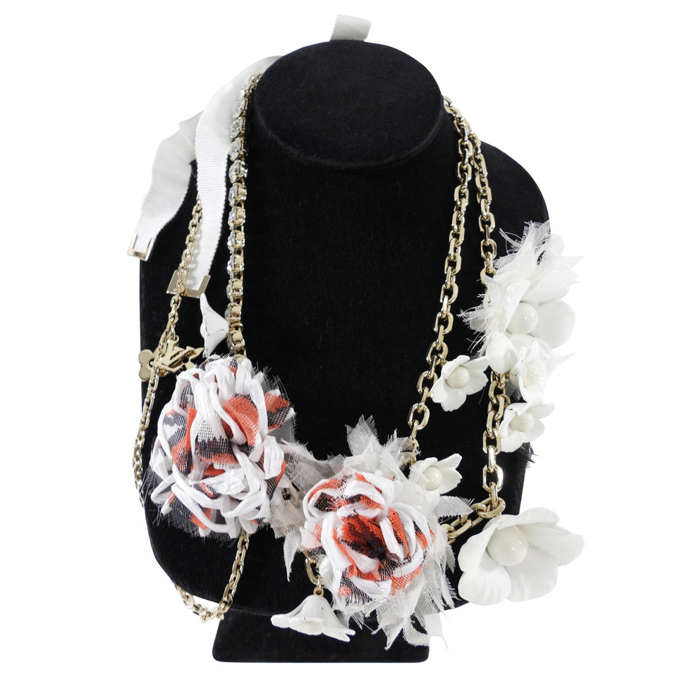 Louis Vuitton Vintage Fall 2005 Red and White Chain Crystal Flower Ribbon Necklace