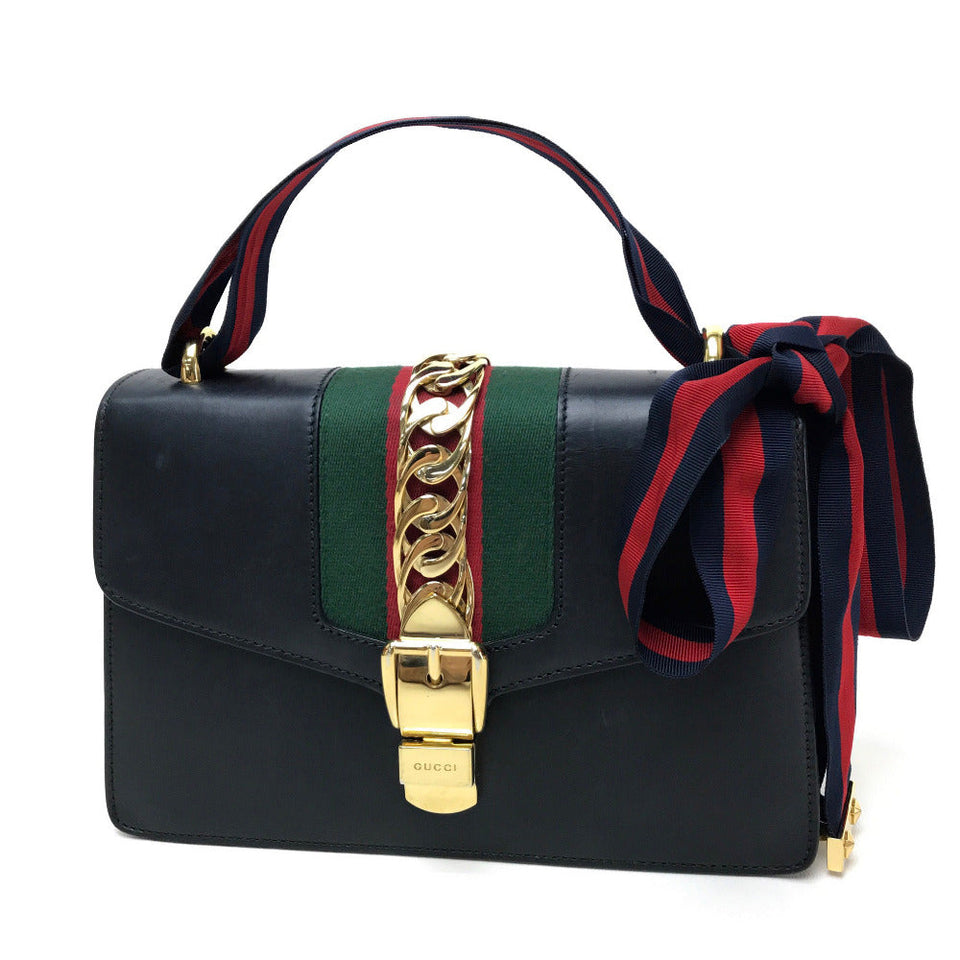 Gucci Shoulder Bag 421882 leather black Sherry line Silvi Small Ribbon Women