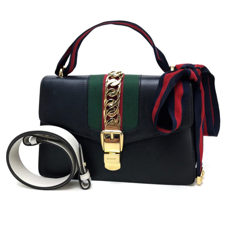 Gucci Shoulder Bag 421882 leather black Sherry line Silvi Small Ribbon Women