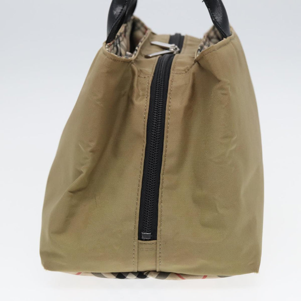 Luxury Burberry Nova Check Hand Bag Nylon Leather Beige Black Auth yb589
