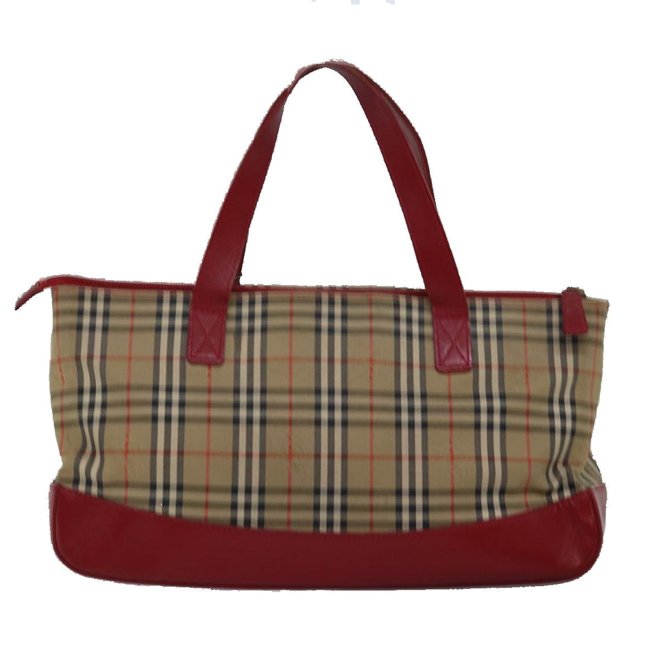 Luxury BurberrySs Nova Check Hand Bag Canvas Beige Red Auth yk12931