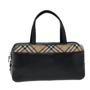 Luxury Burberry Nova Check Hand Bag Leather Canvas Black Beige Auth yk13164