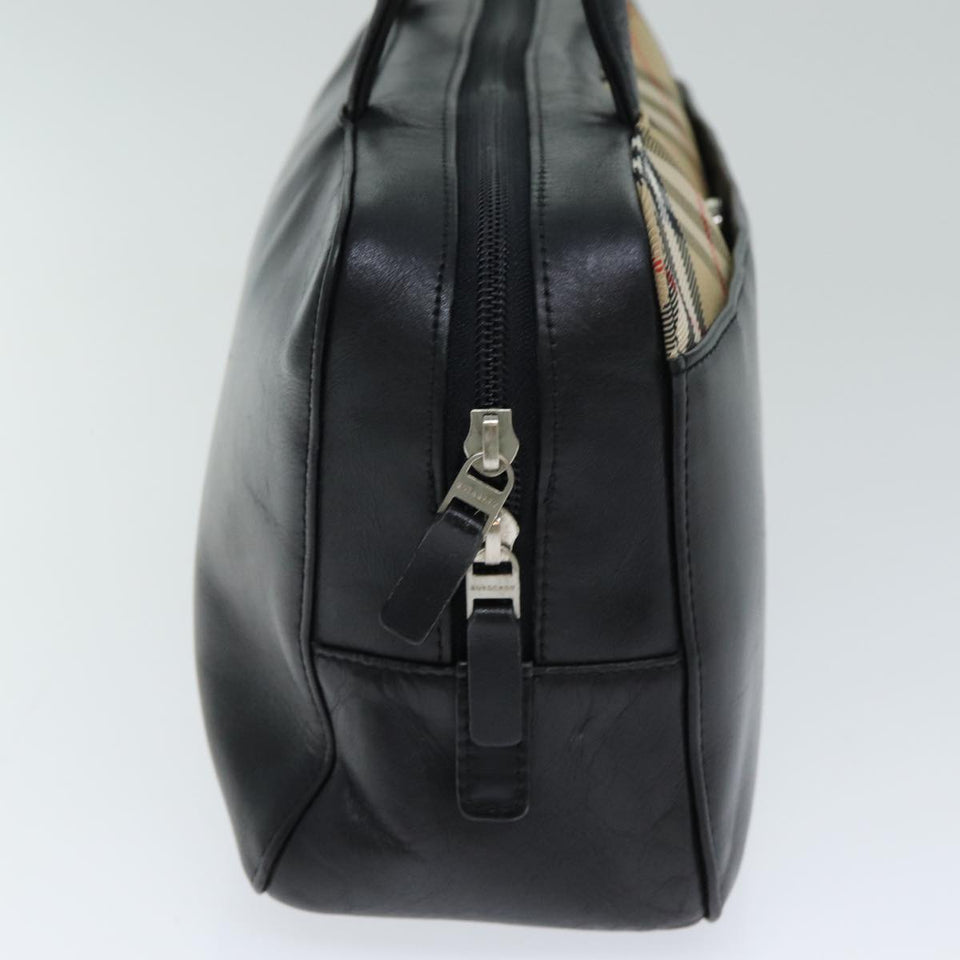 Luxury Burberry Nova Check Hand Bag Leather Canvas Black Beige Auth yk13164