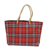 Luxury Burberry Nova Check Hand Bag Nylon Red Auth yk13442
