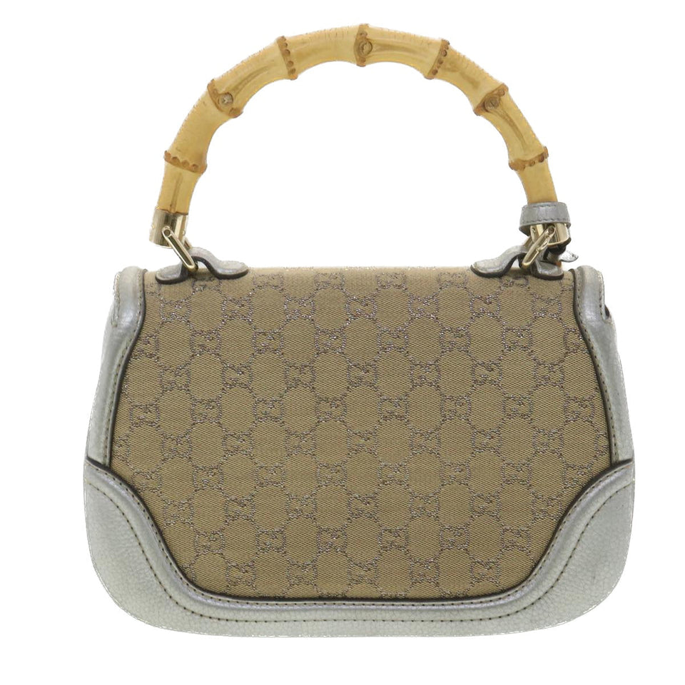 Gucci GG Canvas Bamboo Hand Bag Beige Silver 254884 yk6106
