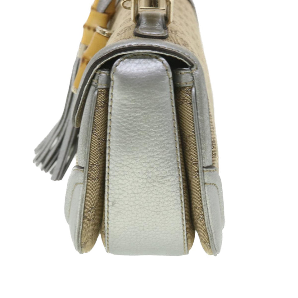 Gucci GG Canvas Bamboo Hand Bag Beige Silver 254884 yk6106