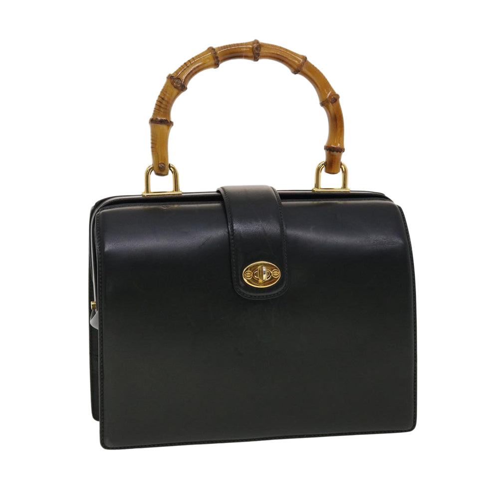 Gucci Bamboo Turn Lock Clasp Hand Bag Leather Black yk6576