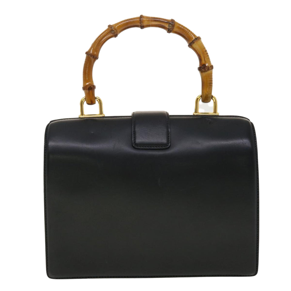 Gucci Bamboo Turn Lock Clasp Hand Bag Leather Black yk6576