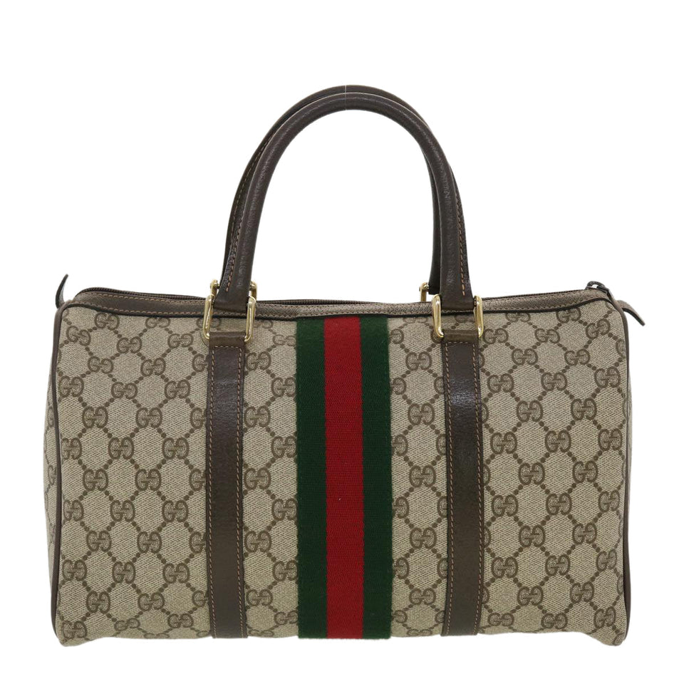 Gucci GG Canvas Web Sherry Line Boston Bag PVC Leather Beige Green yk6588B