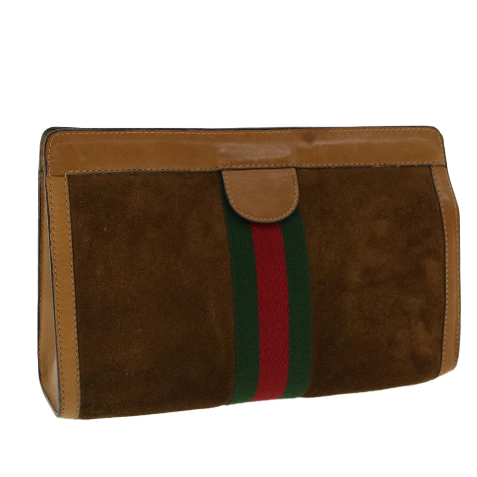 Gucci Web Sherry Line Clutch Bag Suede Brown Green Red 37.014.2126 yk6703