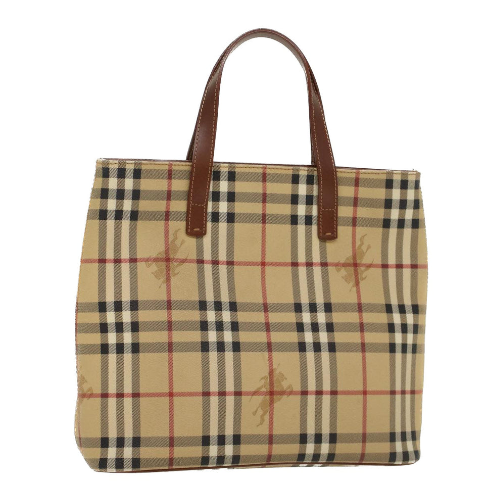 Luxury Burberry Nova Check Hand Bag PVC Leather Beige Auth yk8286