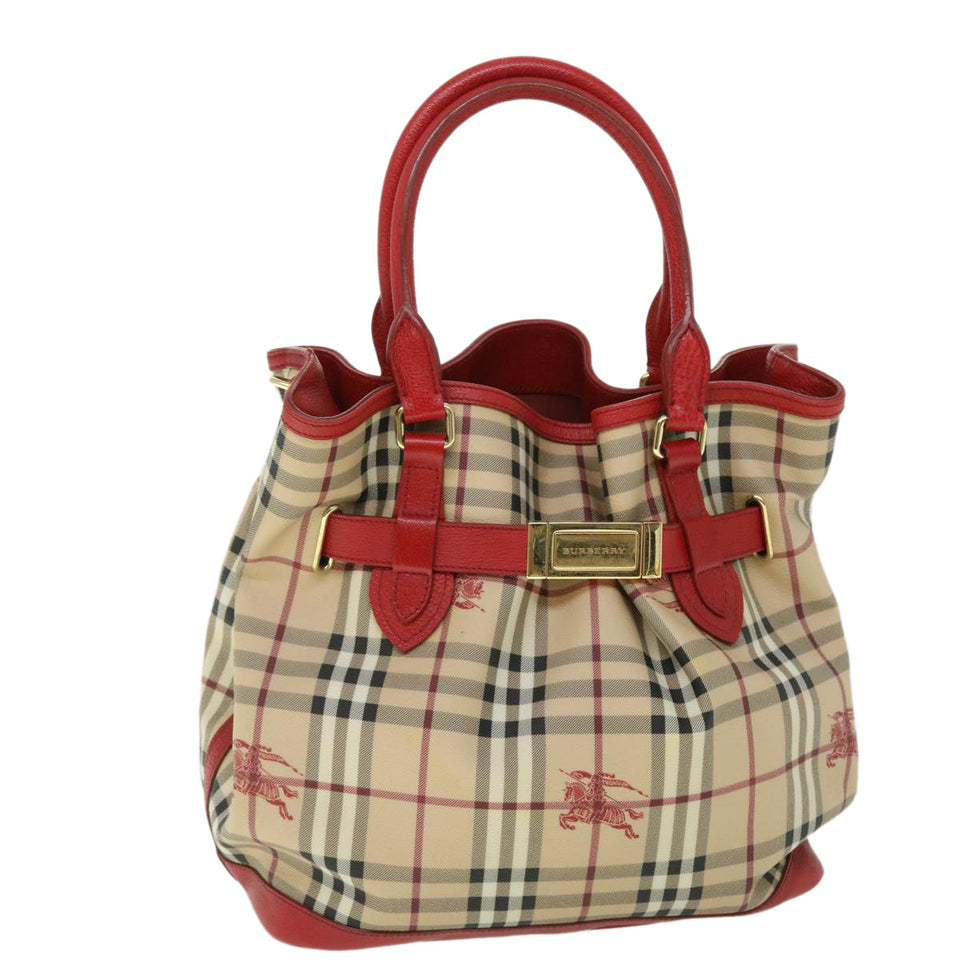 Luxury Burberry Nova Check Tote Bag PVC Leather Beige Red Auth yk8482